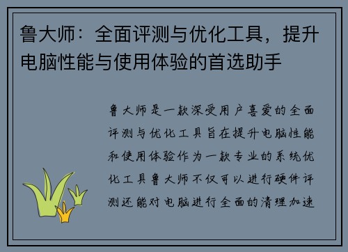 鲁大师:全面评测与优化工具,提升电脑性能与使用体验的首选助手