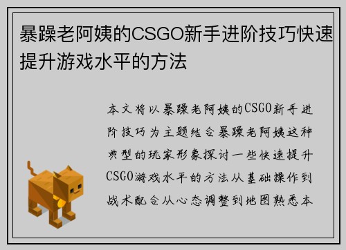 暴躁老阿姨的CSGO新手进阶技巧快速提升游戏水平的方法